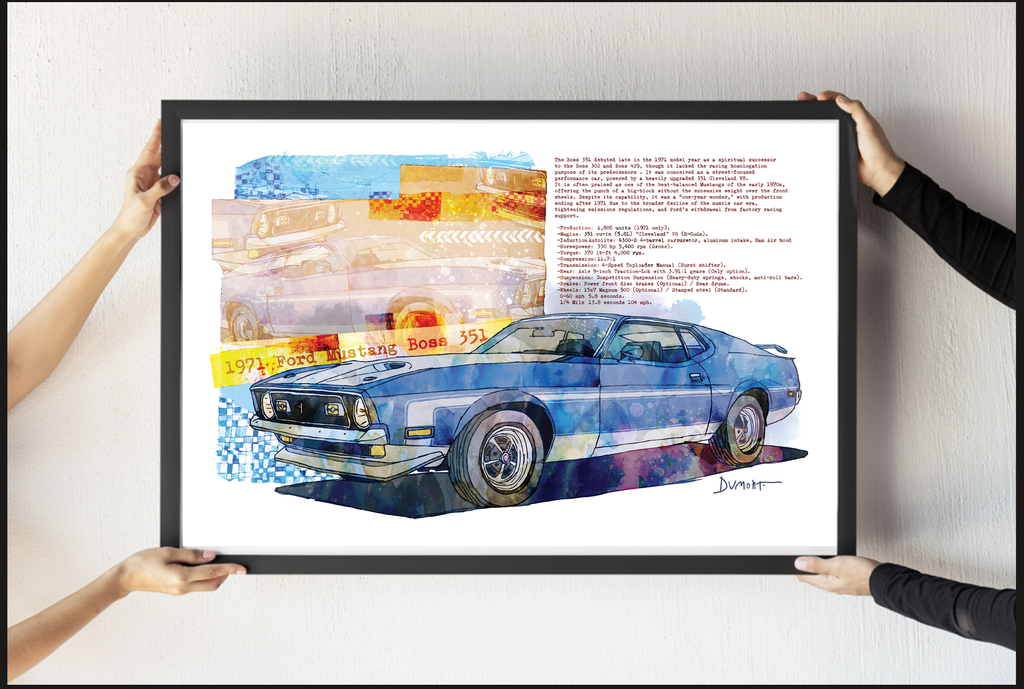 Vintage Mustang Fine Art Poster — 1971 Mustang BOSS/Classic Muscle Car Watercolor Print
