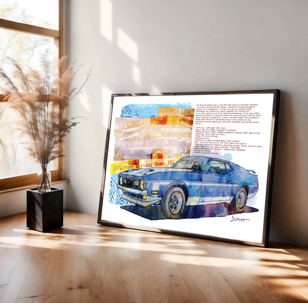 Vintage Mustang Fine Art Poster — 1971 Mustang BOSS/Classic Muscle Car Watercolor Print