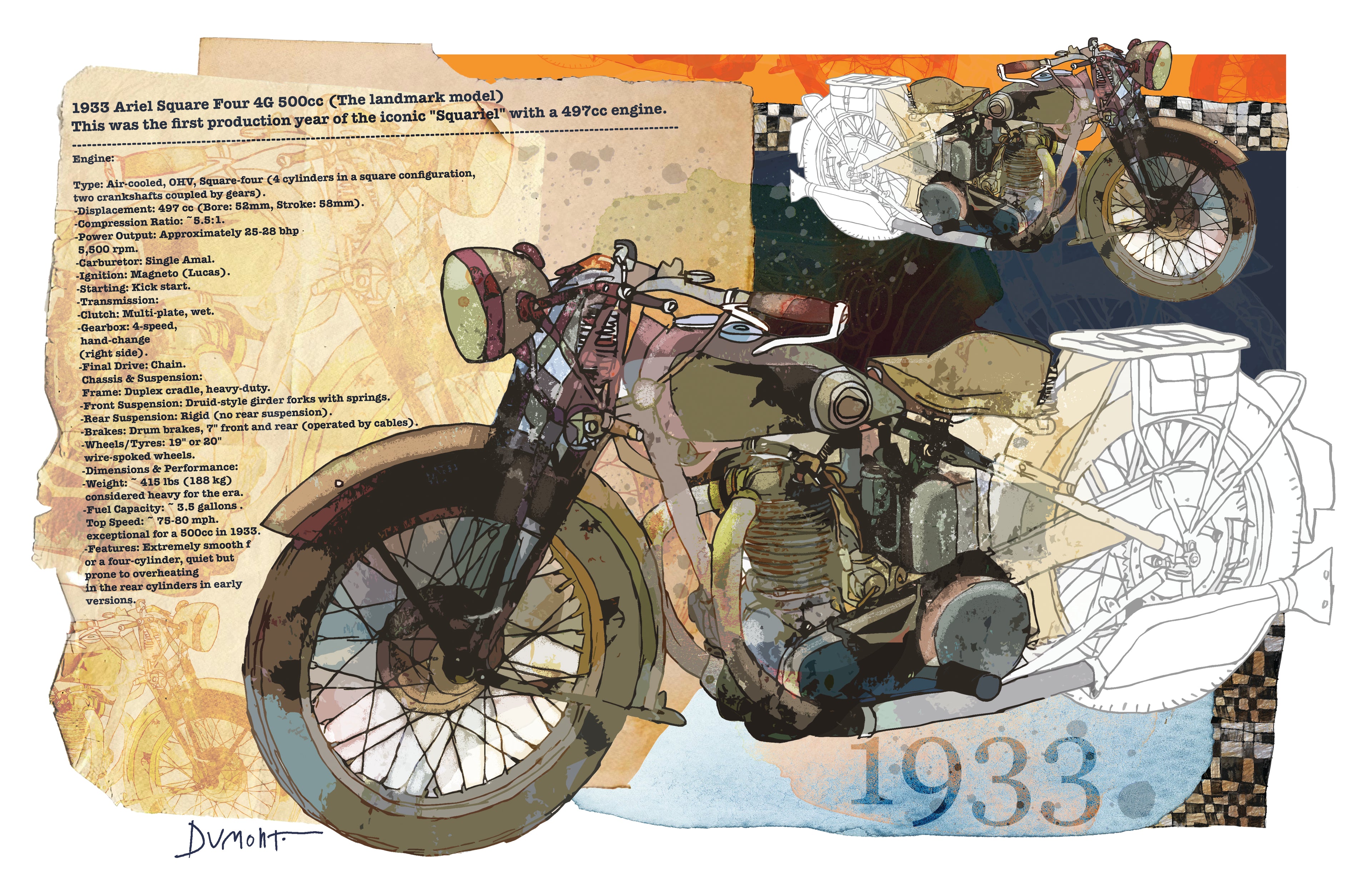 Vintage 1933 Motorcycle Fine Art Poster — Retro Engine Illustration Print