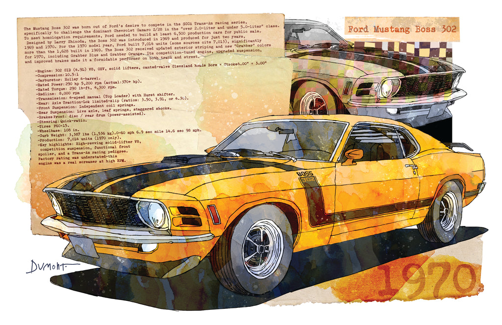 1970 Yellow Mustang Art Poster — Vintage Muscle Car Fine Art Print