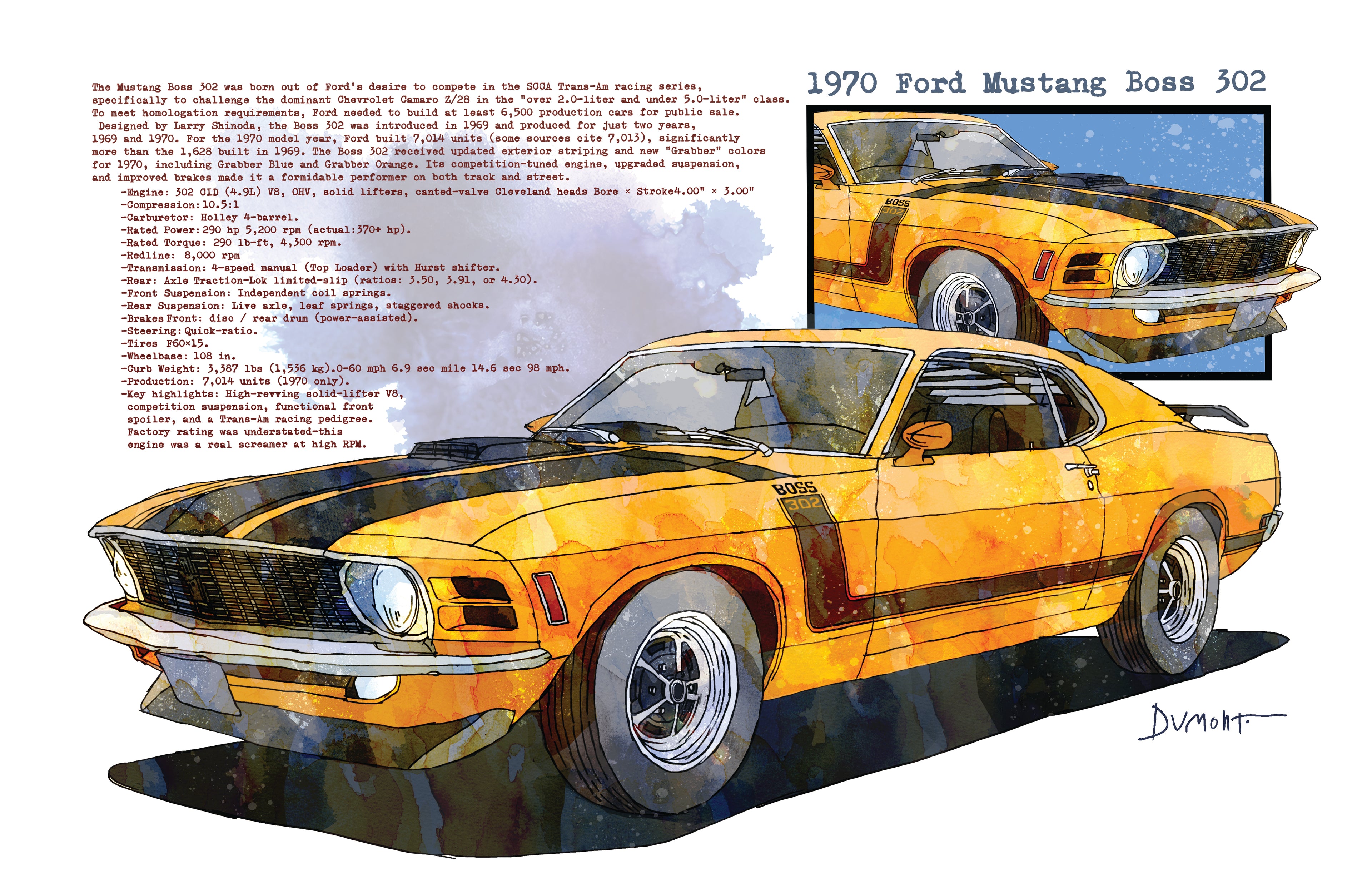 1970 Yellow Mustang Boss 302 Art Poster — Vintage Muscle Car Print