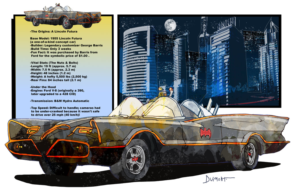 Batmobile Art Poster — Retro Gotham City Car Illustration with Lyrics