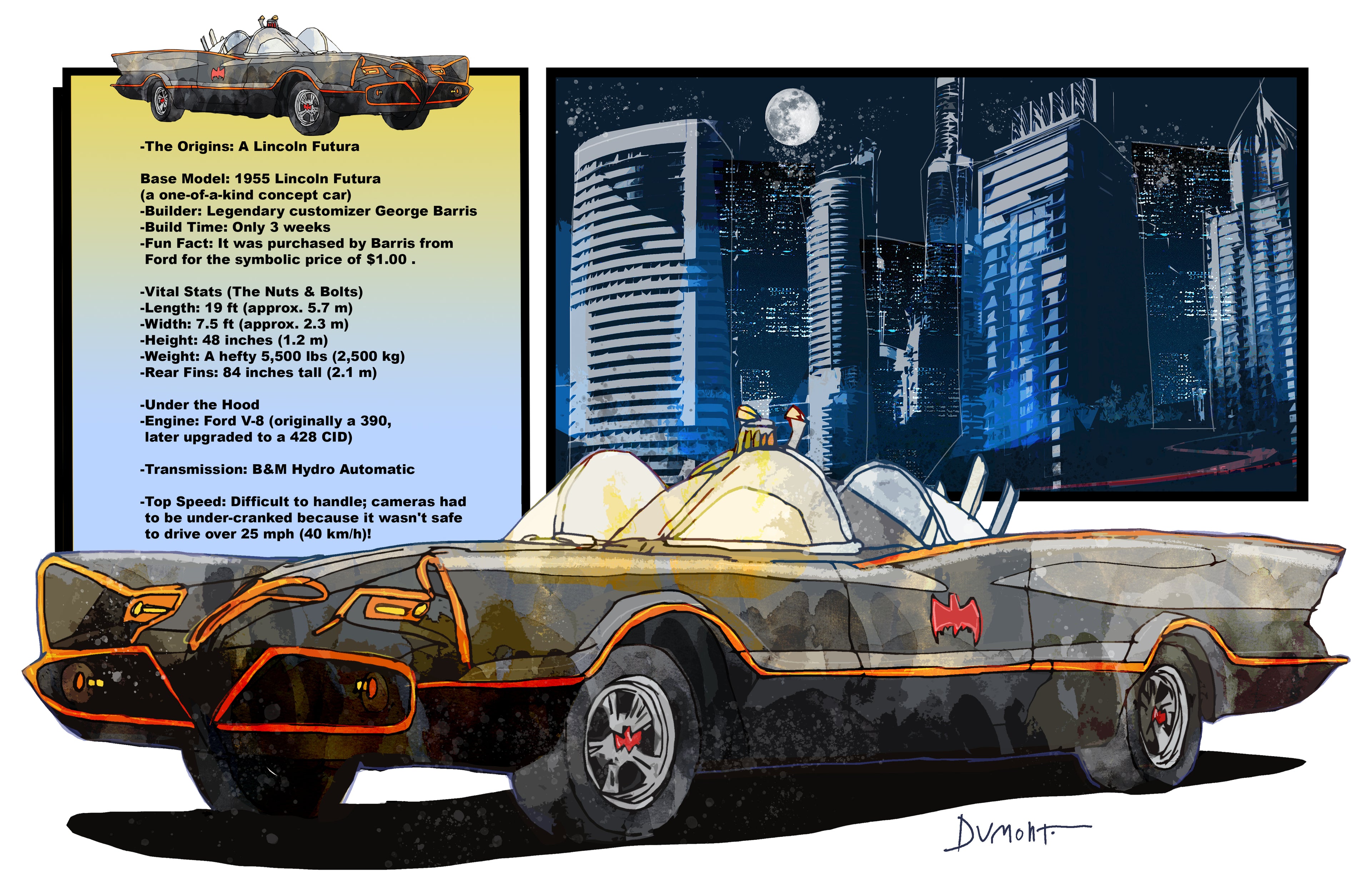Batmobile Art Poster — Retro Gotham City Car Illustration with Lyrics