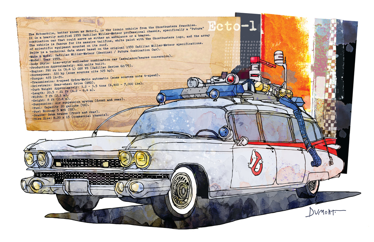 Ecto-1 Ghostbusters Art Poster — Vintage Watercolor Car Print