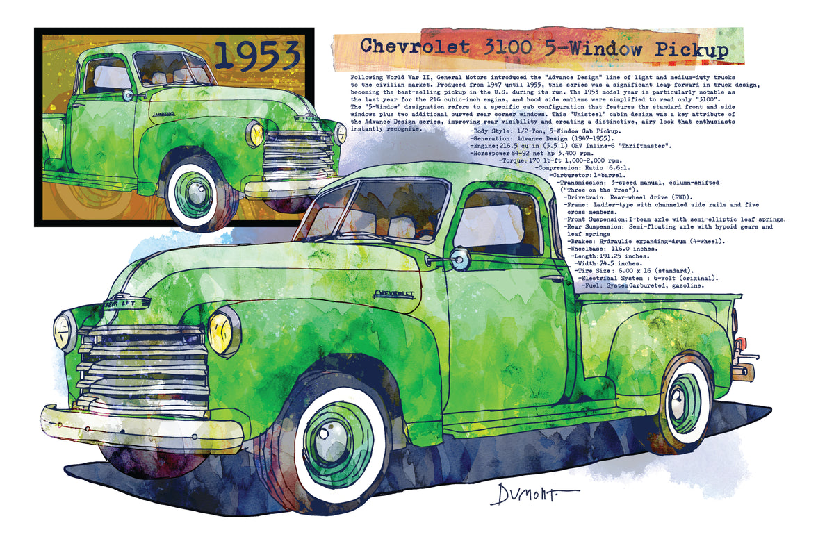 1953 Chevrolet 3100 Pickup Fine Art Poster — Vintage Green Truck Print