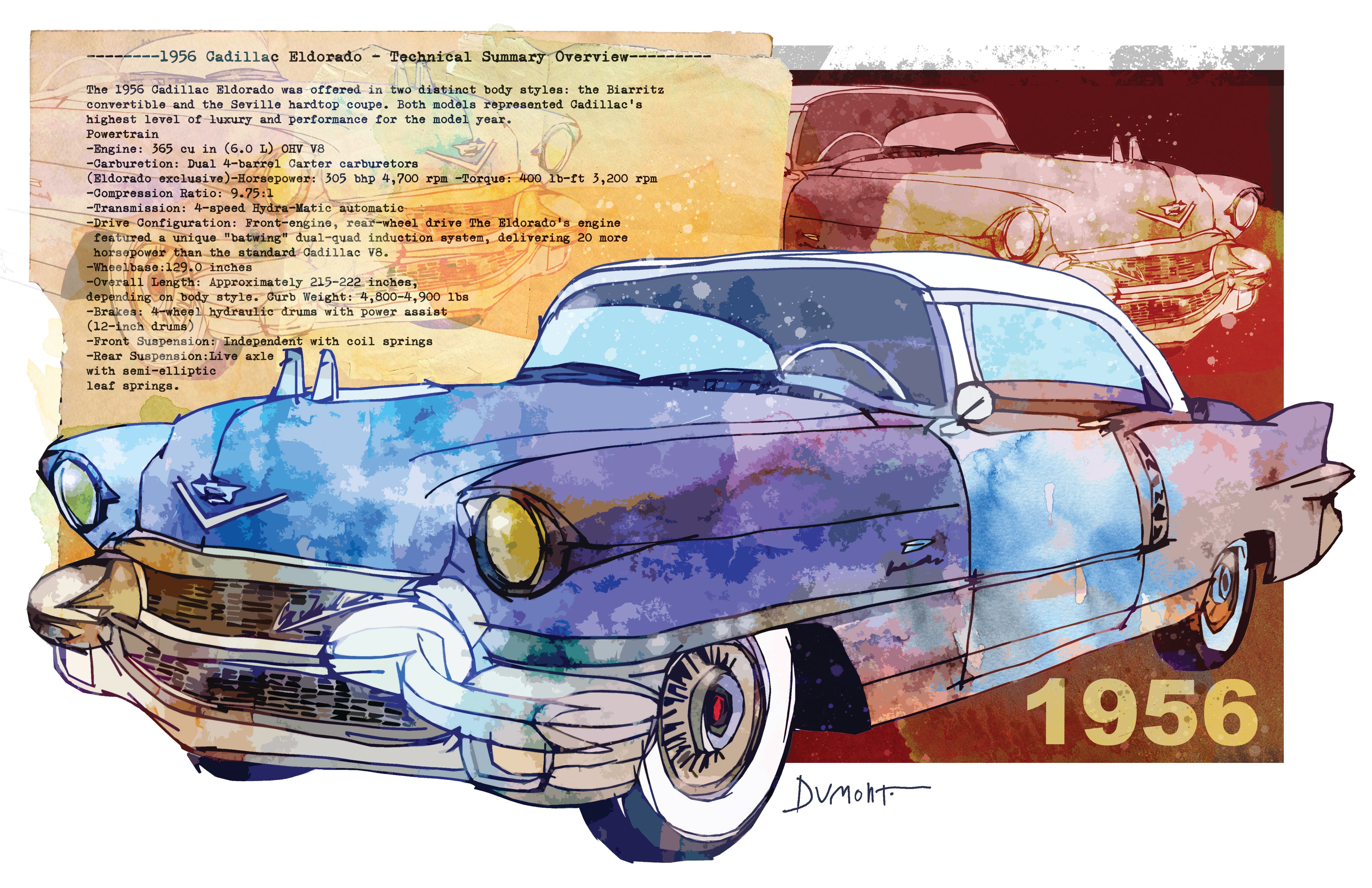 1956 Classic Car Fine Art Poster — Vintage Watercolor Cadillac Print