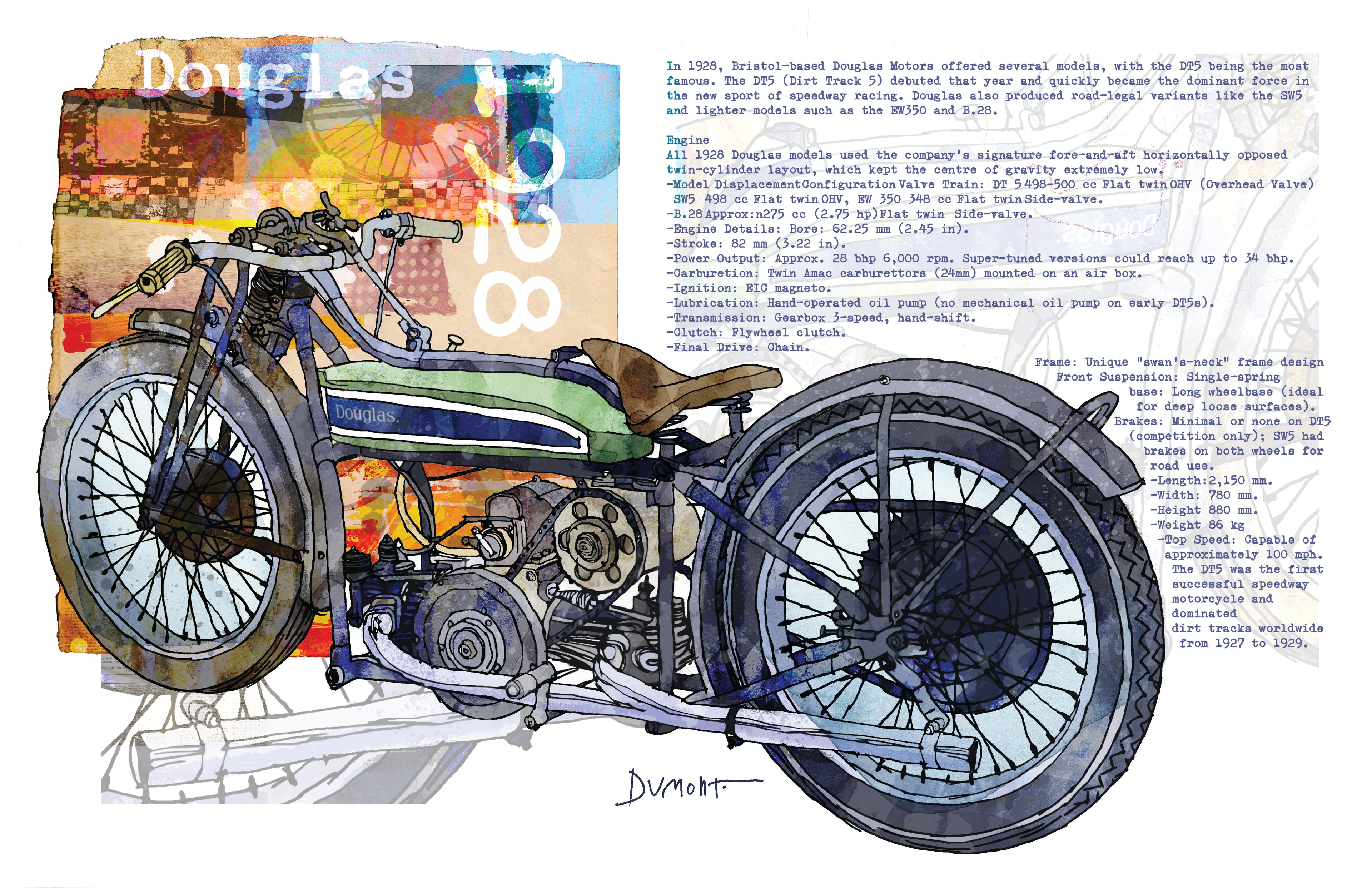 Vintage Motorcycle Fine Art Poster — Retro Bike Illustration with Text Collage