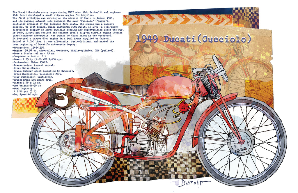 Vintage Ducati Motorcycle Fine Art Poster — 1949 Cucciolo Racing Print
