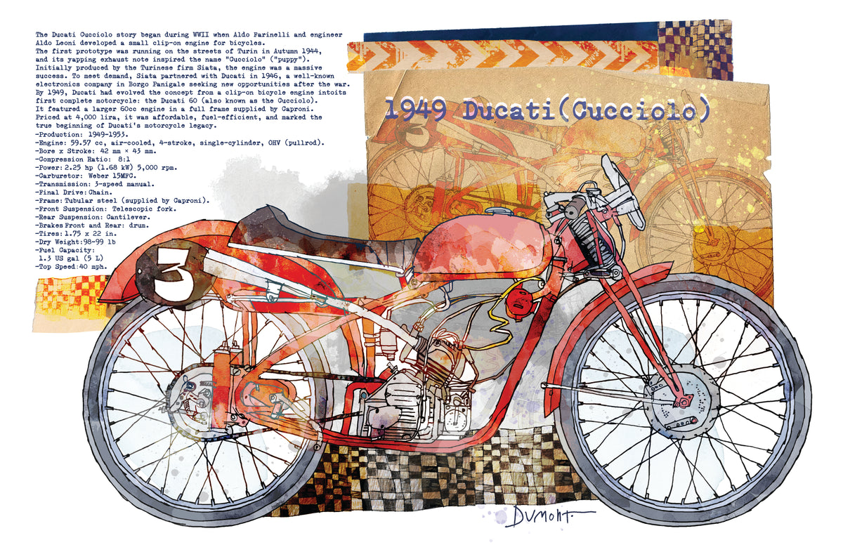 Vintage Ducati Motorcycle Fine Art Poster — 1949 Cucciolo Racing Print