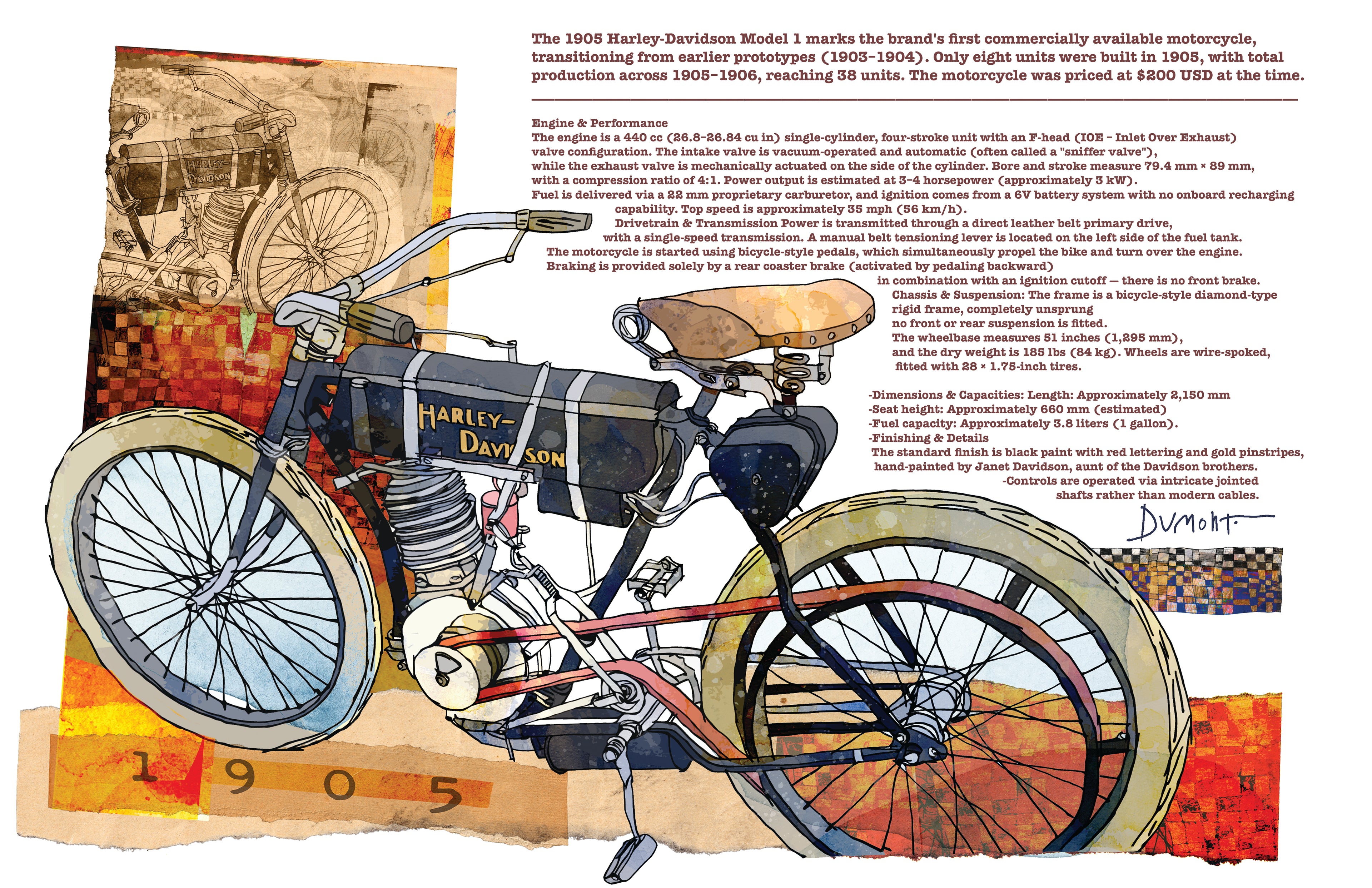 Vintage Motorcycle Fine Art Poster — Antique Bike Illustration with Historical Text