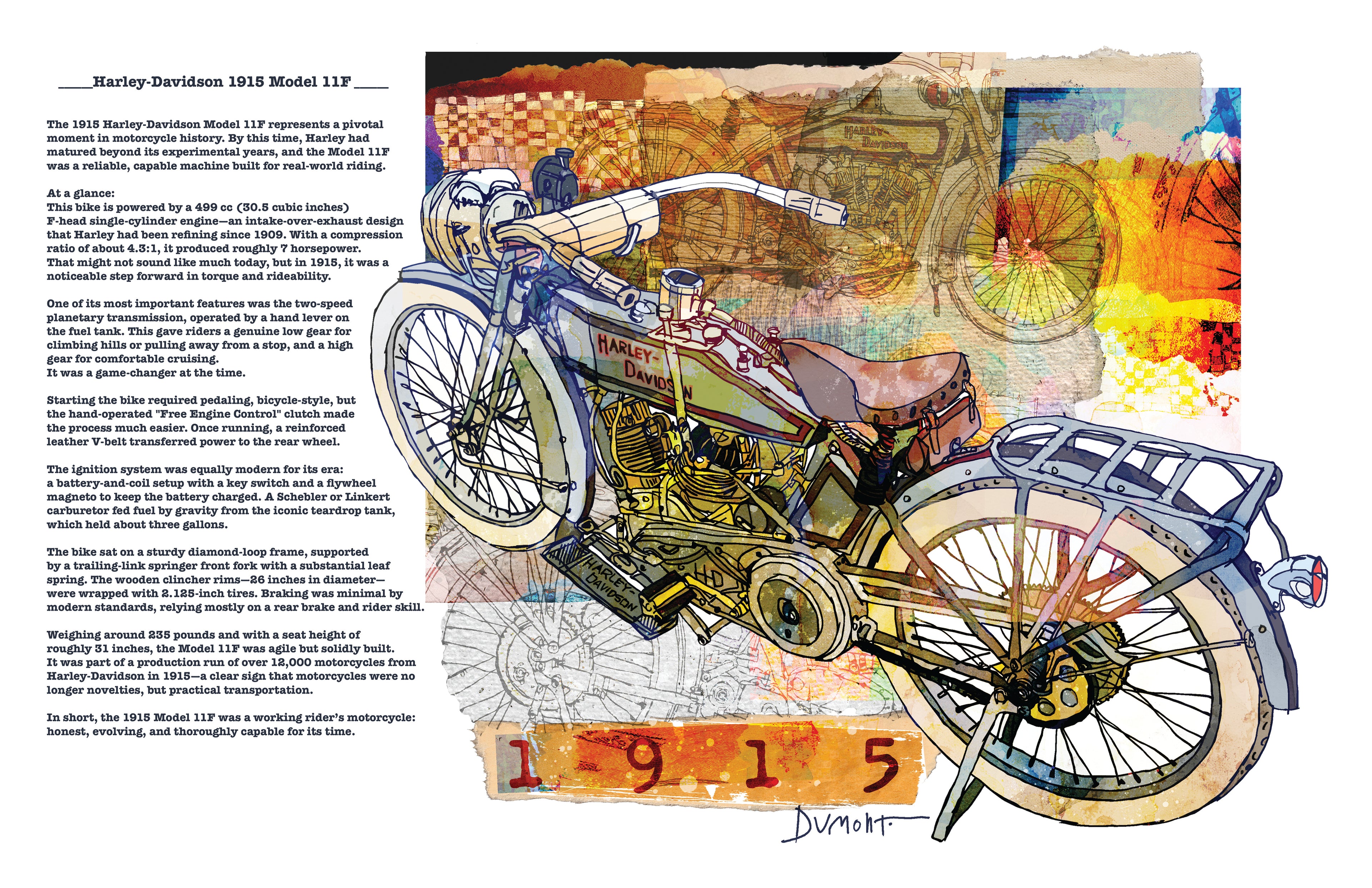 Vintage 1915 Motorcycle Fine Art Poster — Illustrated Historic Bike Print
