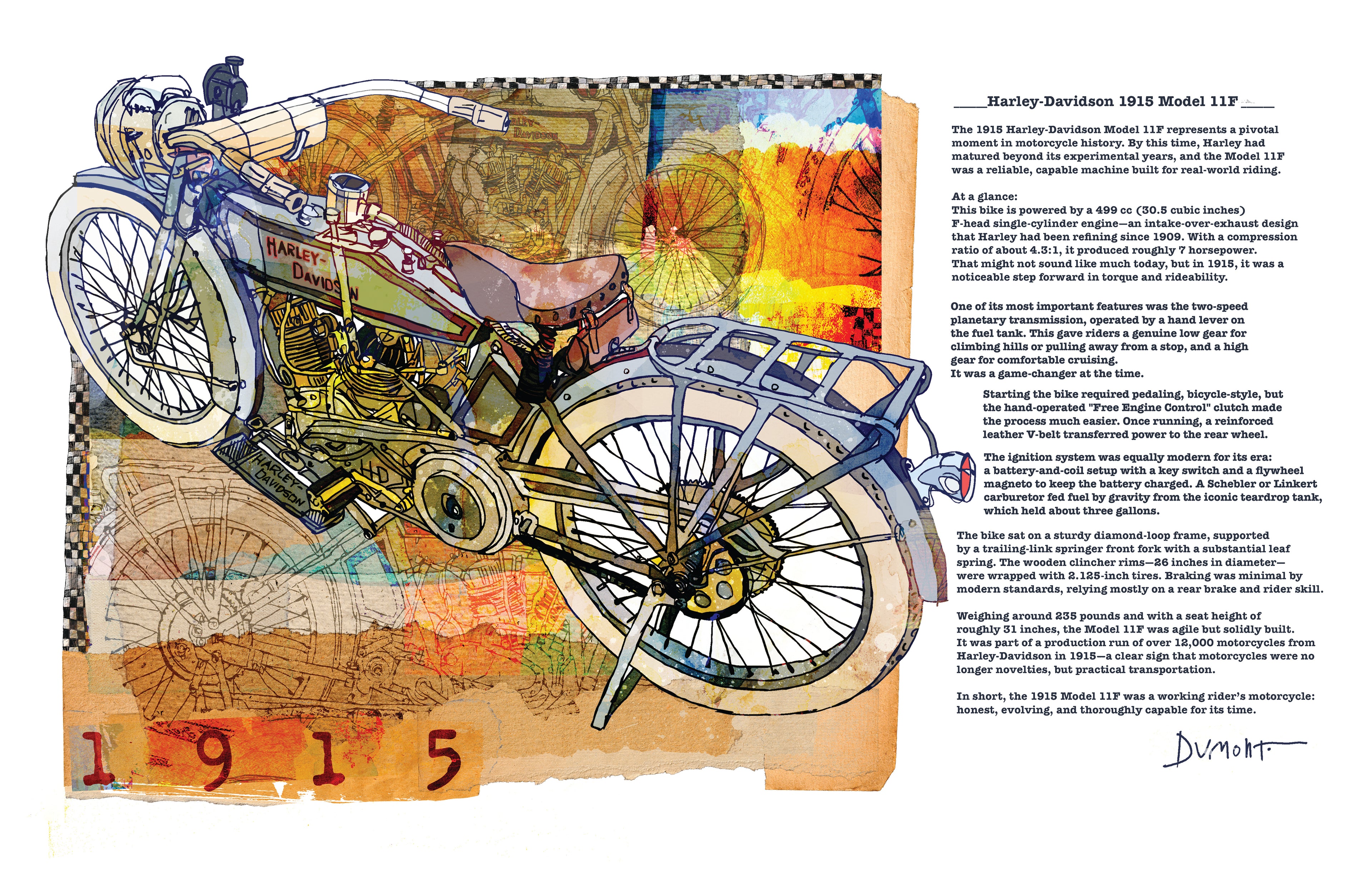 Vintage 1915 Motorcycle Fine Art Poster — Watercolor Mixed Media Print