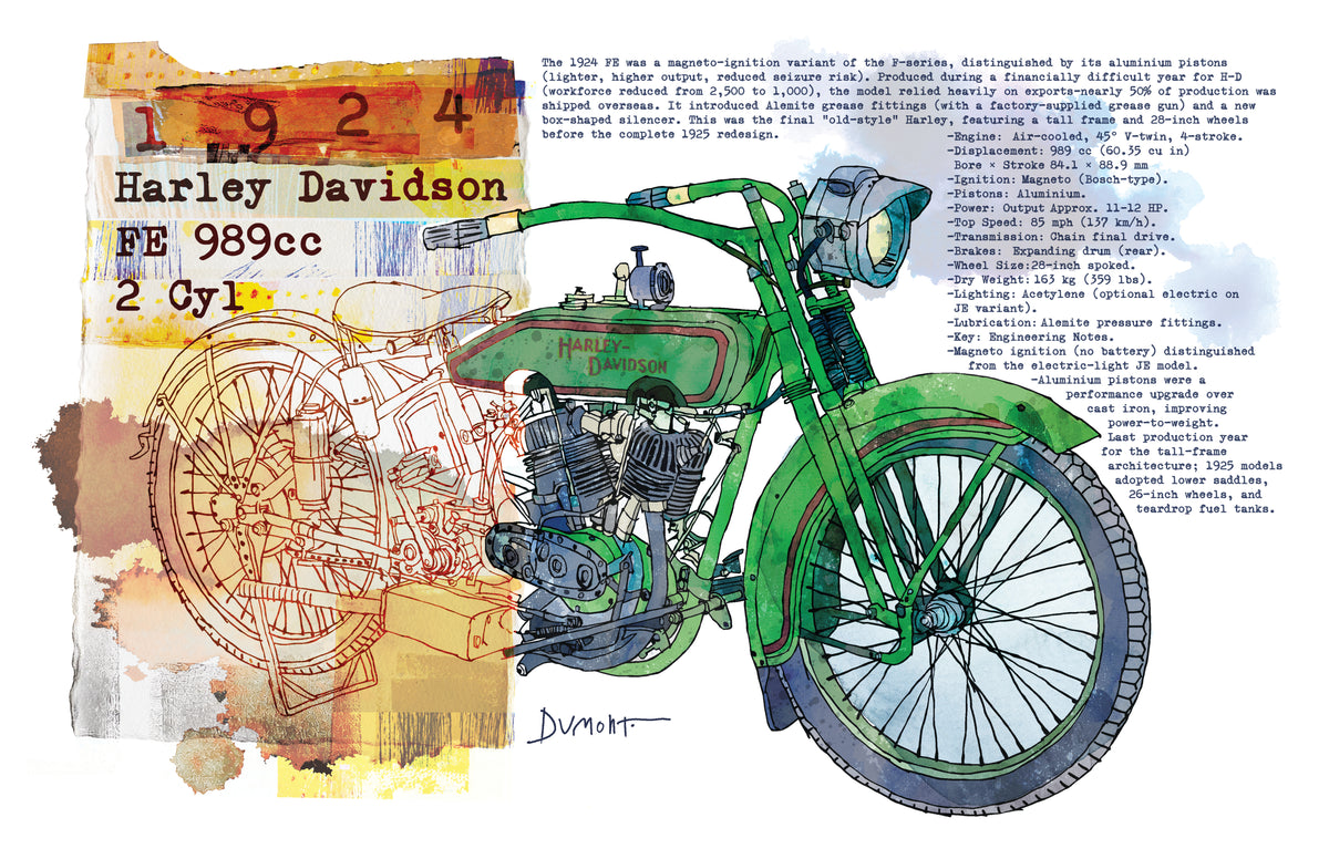 Vintage Harley Davidson Motorcycle Fine Art Poster - Green Classic Bike Illustration