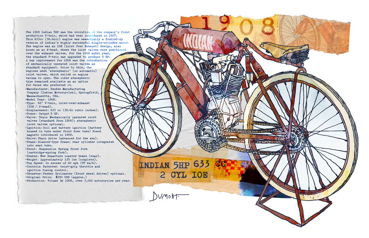 Vintage Motorcycle Fine Art Poster — Indian 1908 Mixed Media Print
