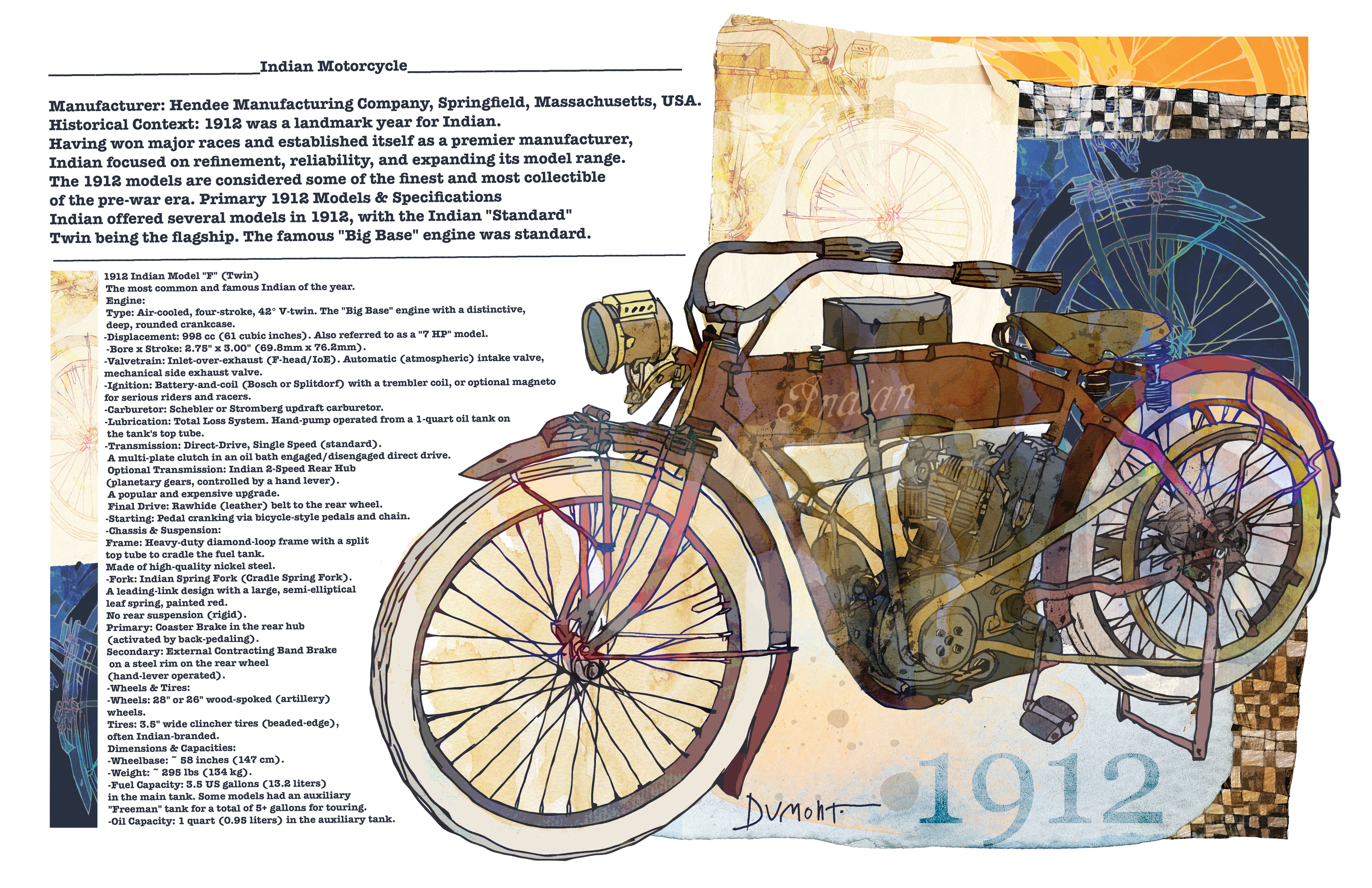 1912 Vintage Motorcycle Fine Art Poster — Antique Motorbike Illustration with Historical Text