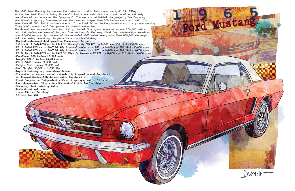 Red 1965 Ford Mustang Fine Art Poster — Vintage Car Wall Art Print