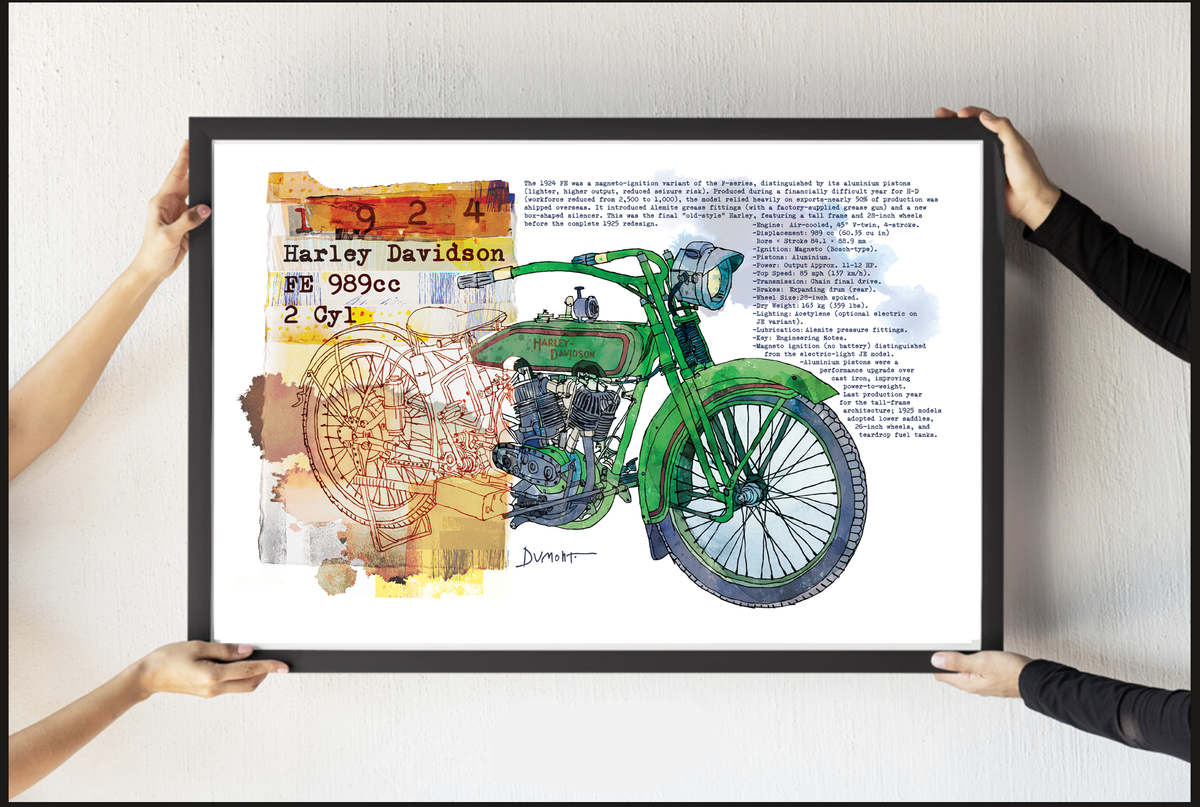 Vintage Harley Davidson Motorcycle Fine Art Poster - Green Classic Bike Illustration
