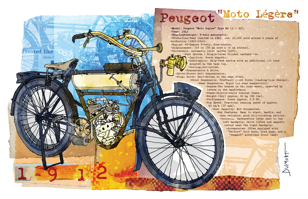 Vintage Peugeot Motorcycle Fine Art Poster — 'Moto Légère' Illustration Print