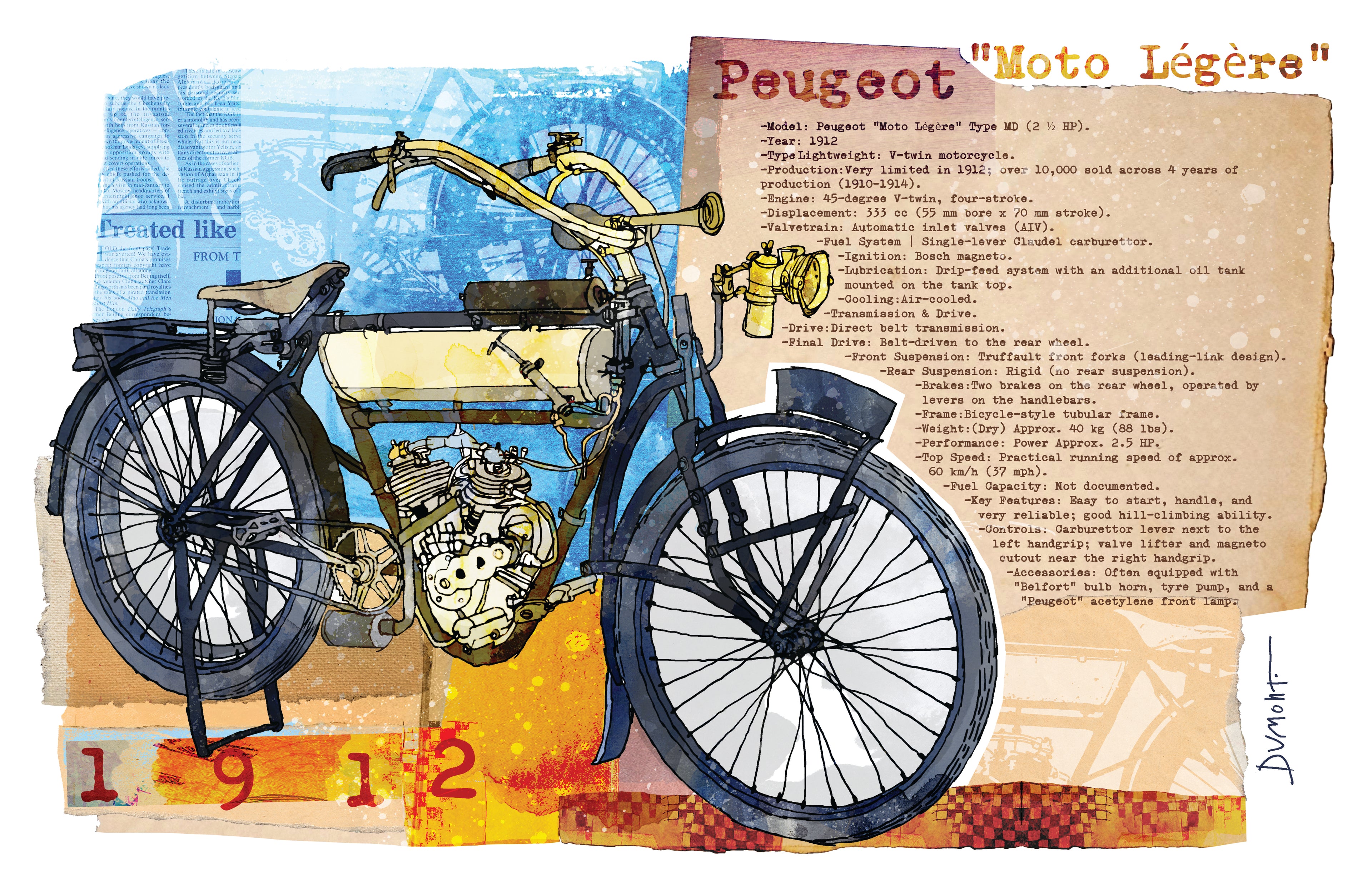 Vintage Peugeot Motorcycle Fine Art Poster — 'Moto Légère' Illustration Print