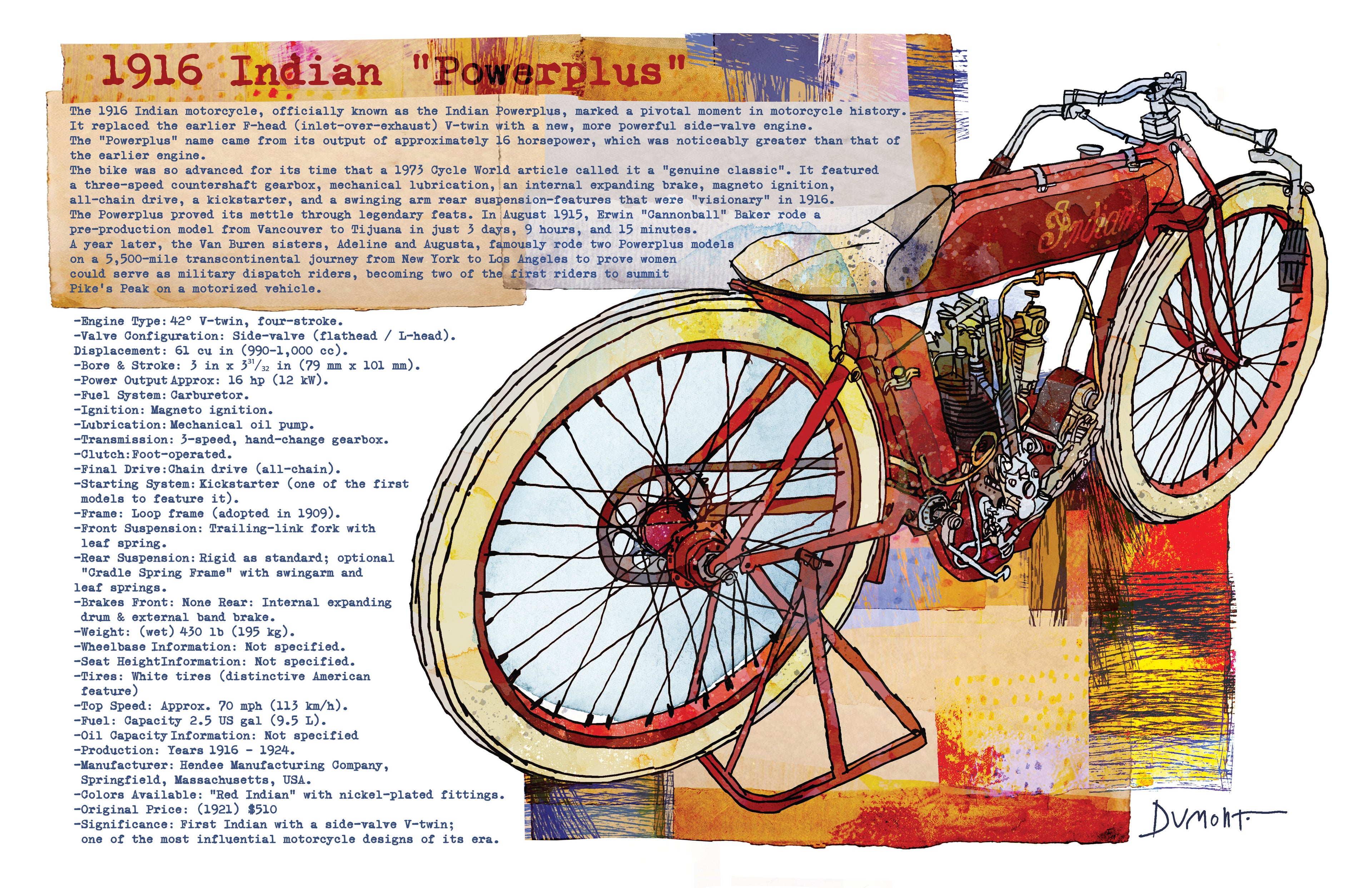 Vintage 1916 Indian Powerplus Motorcycle Fine Art Poster — Antique Bike Illustration & Specs