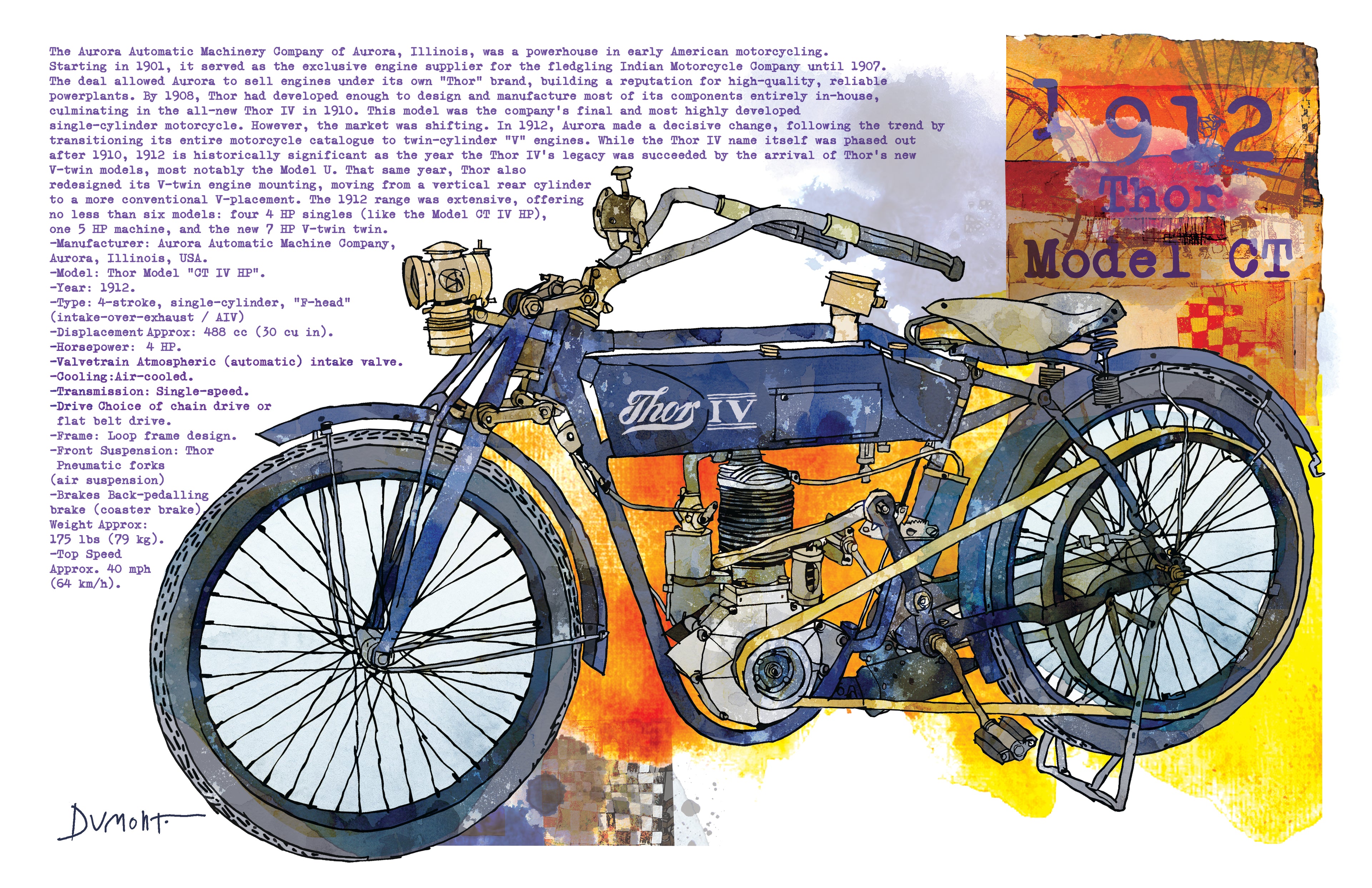 Vintage Motorcycle Fine Art Poster — 1912 Model 01 Blue & Orange Illustration