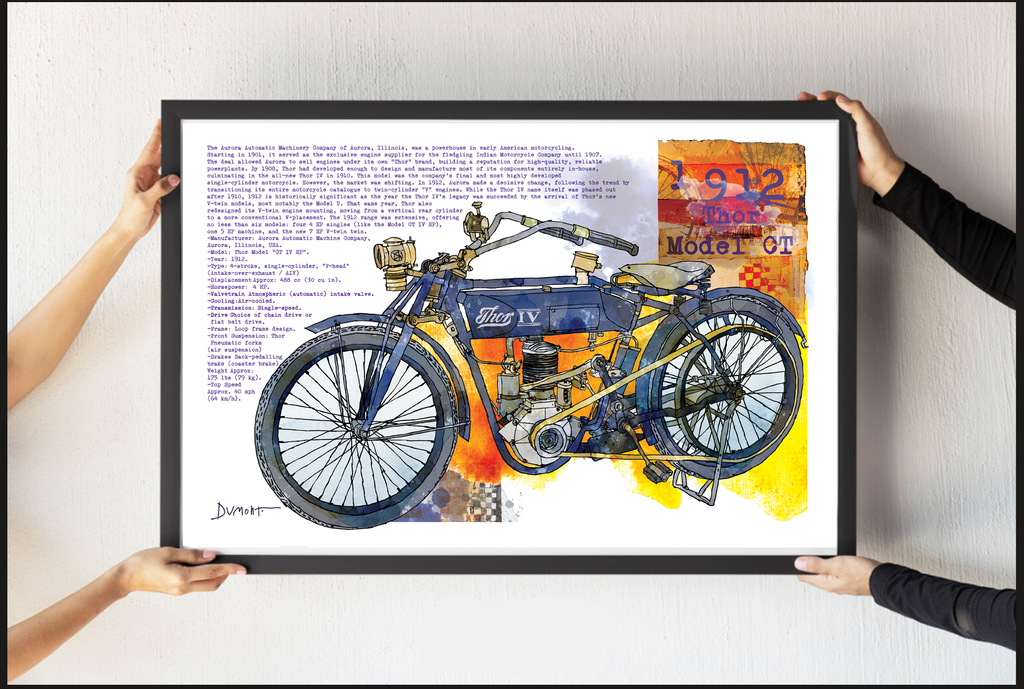 Vintage Motorcycle Fine Art Poster — 1912 Model 01 Blue & Orange Illustration