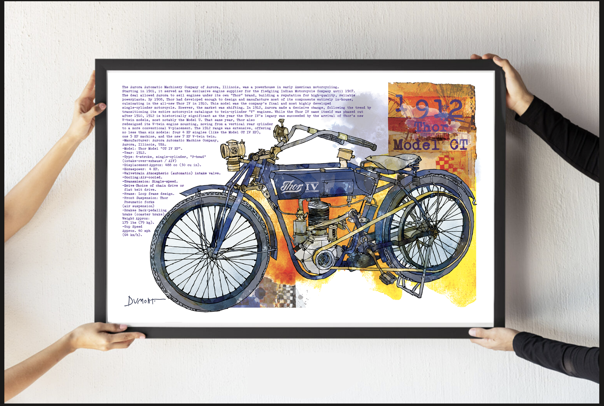 Vintage Motorcycle Fine Art Poster — 1912 Model 01 Blue & Orange Illustration
