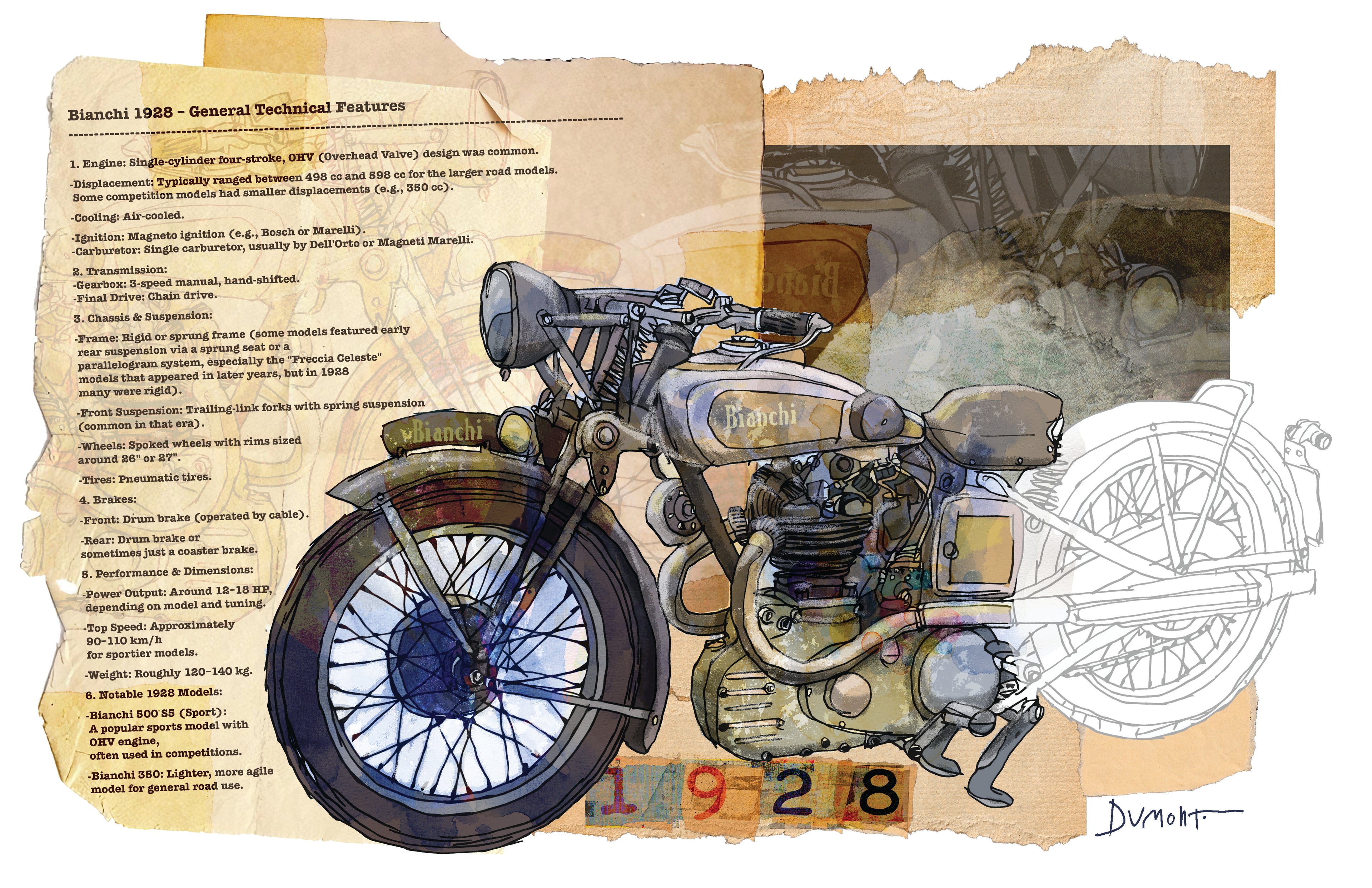 Vintage Motorcycle Fine Art Poster — Retro 1928 Bianchi Bike Illustration with Script