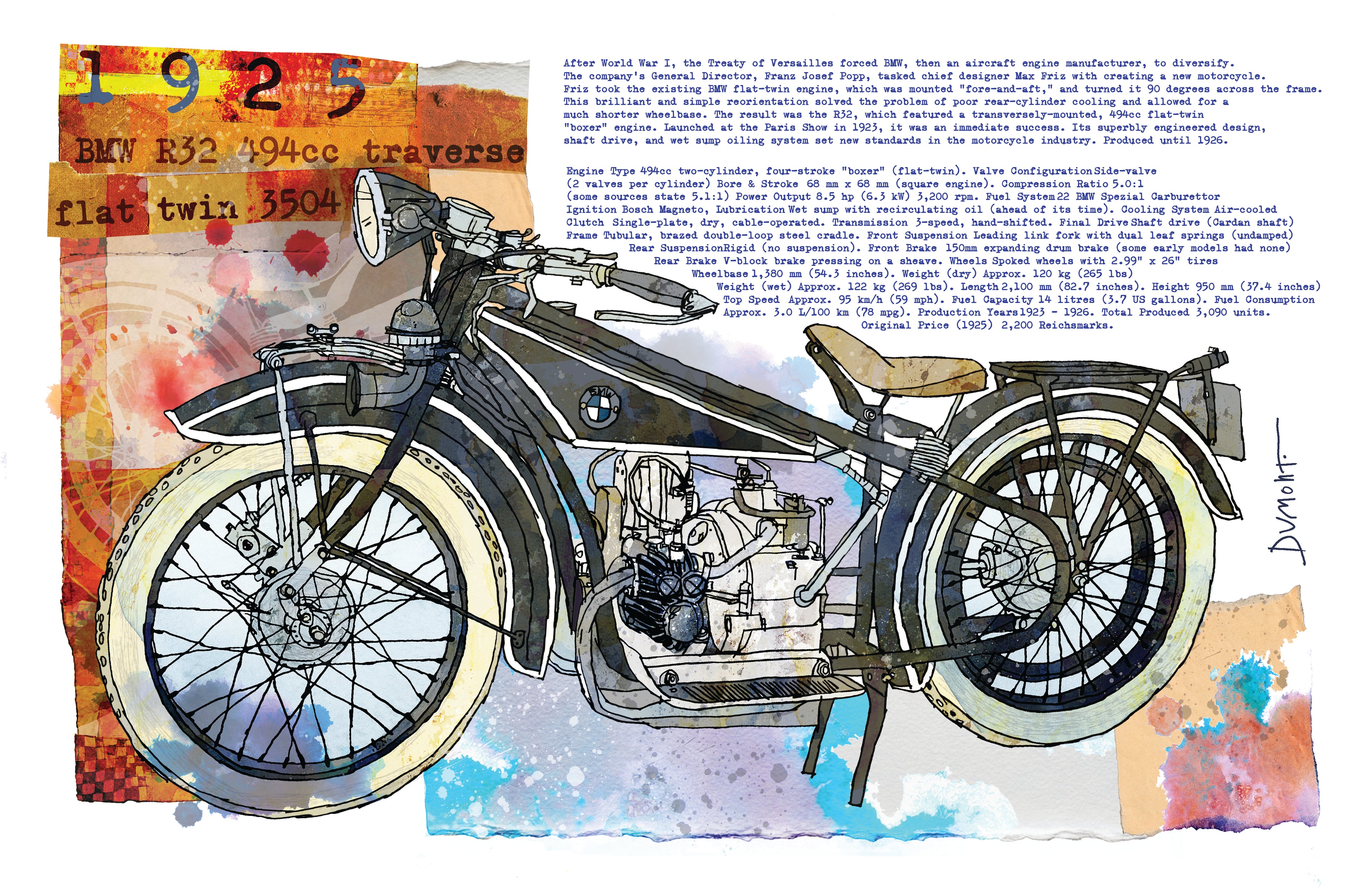 Vintage Motorcycle Fine Art Poster — Classic Bike Illustration with Text Collage