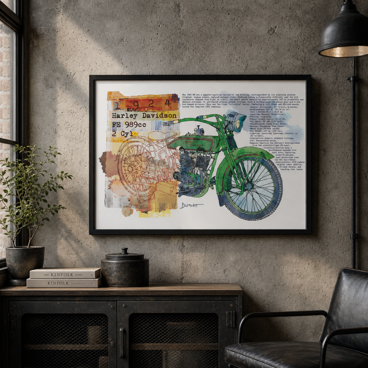Vintage Harley Davidson Motorcycle Fine Art Poster - Green Classic Bike Illustration