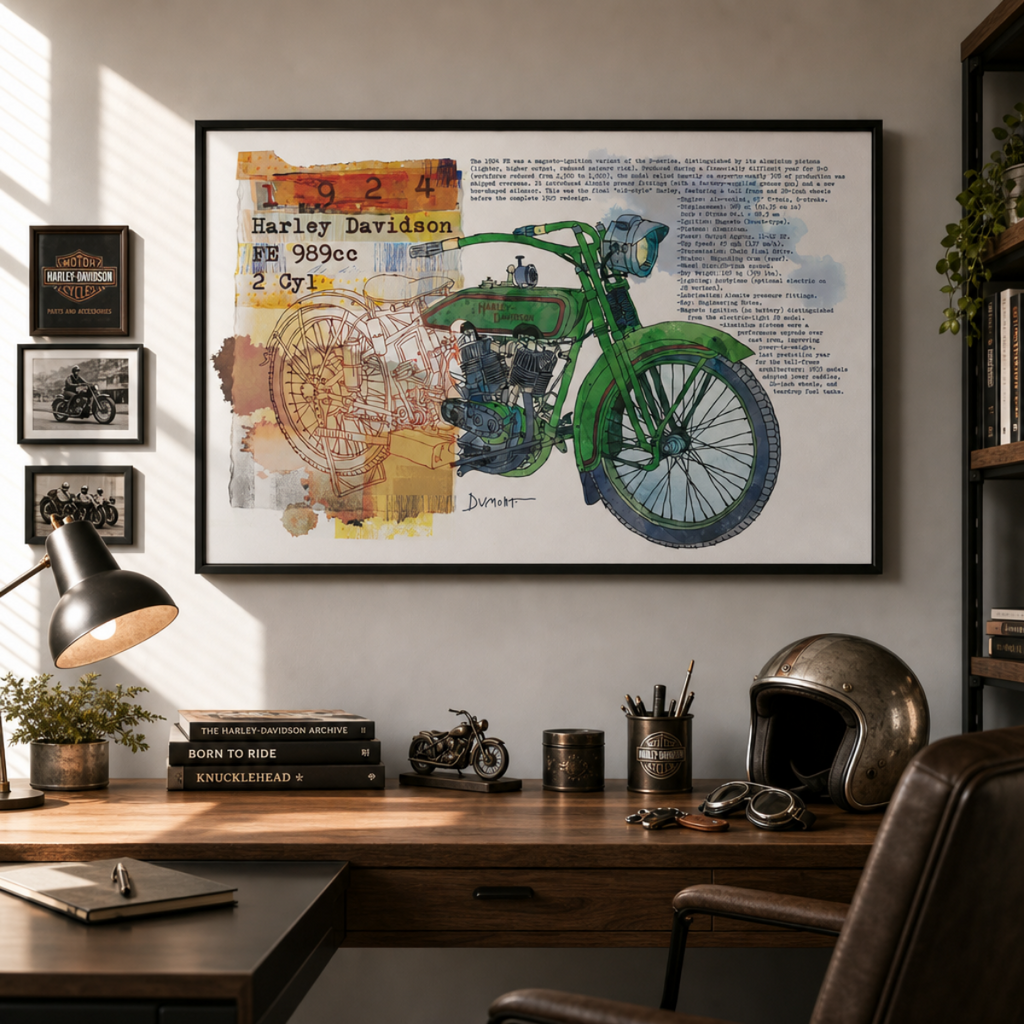 Vintage Harley Davidson Motorcycle Fine Art Poster - Green Classic Bike Illustration
