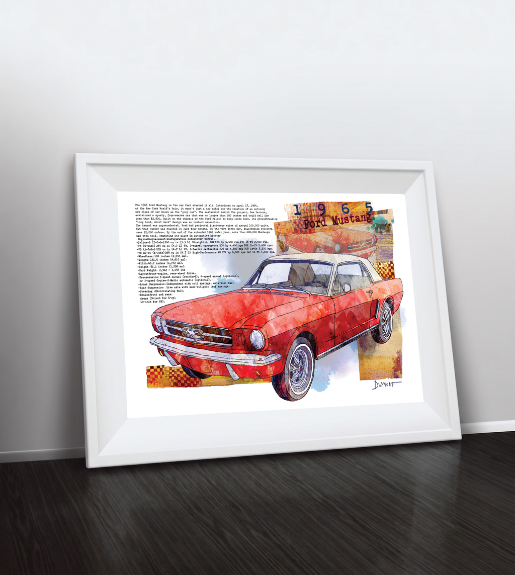 Red 1965 Ford Mustang Fine Art Poster — Vintage Car Wall Art Print