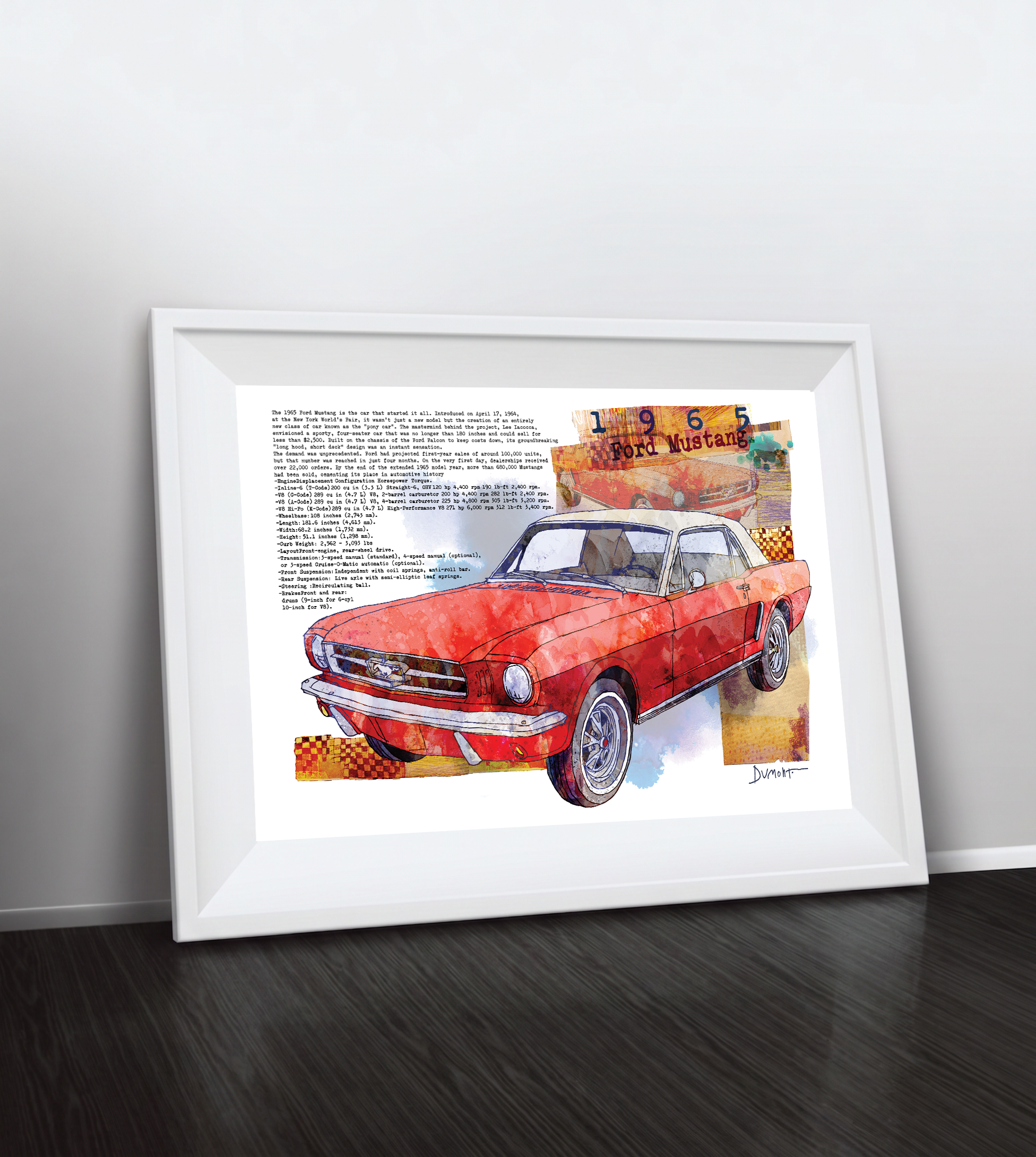 Red 1965 Ford Mustang Fine Art Poster — Vintage Car Wall Art Print